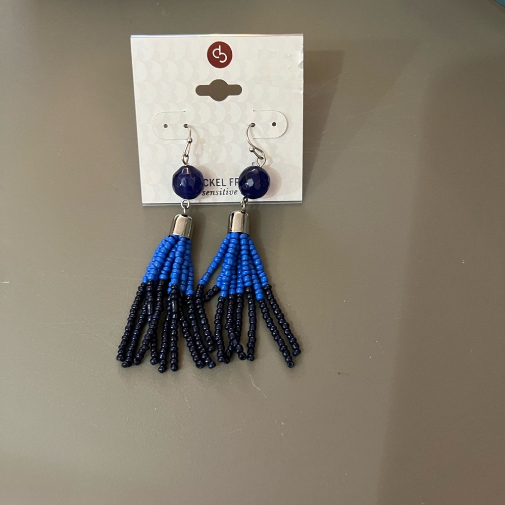 NWT Blue and Black Beaded Tassel Earrings